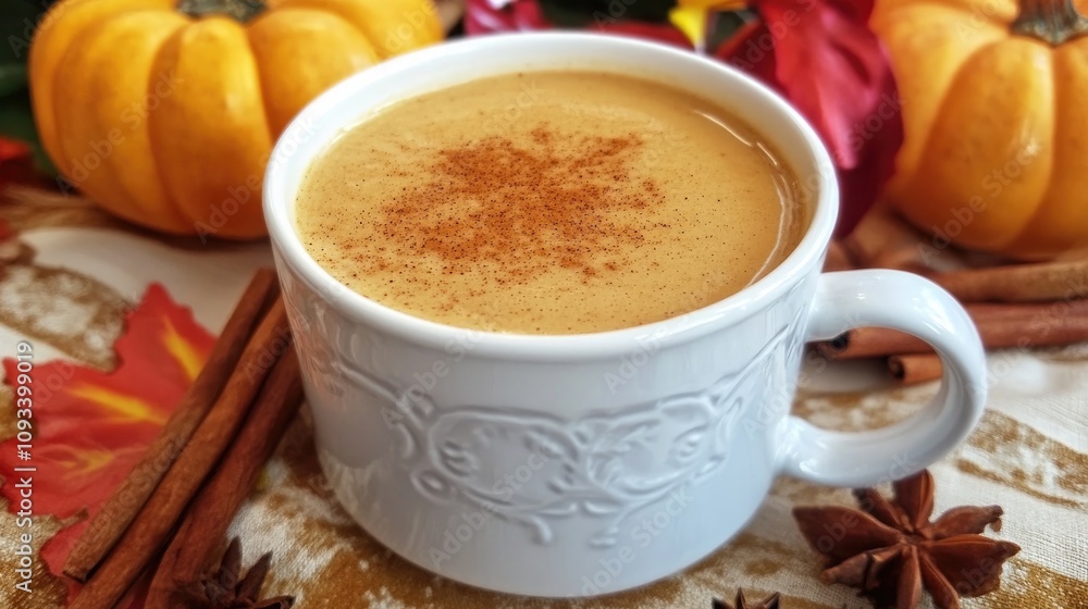 Warm autumn beverage in a white mug, topped with cinnamon, surrounded by pumpkins, autumn leaves, and aromatic spices creating a cozy fall atmosphere. Warm autumn beverage in a white mug, topped with cinnamon, surrounded by pumpkins, autumn leaves, and aromatic spices creating a cozy fall atmosphere.