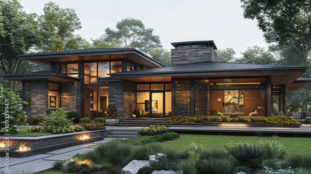 Modern architectural masterpiece harmonizes with nature in tranquil suburban setting. Generative AI Modern architectural masterpiece harmonizes with nature in tranquil suburban setting. Generative AI