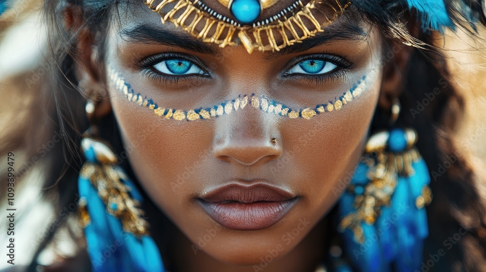 Tribal woman with striking blue eyes, adorned in intricate blue and gold jewelry, featuring detailed facial paint and vibrant feather accessories. Tribal woman with striking blue eyes, adorned in intricate blue and gold jewelry, featuring detailed facial paint and vibrant feather accessories.