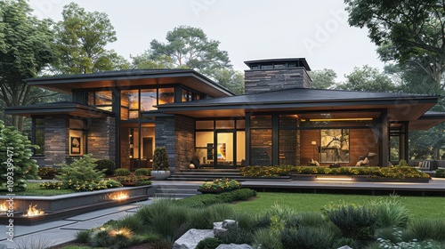 Modern architectural masterpiece harmonizes with nature in tranquil suburban setting. Generative AI