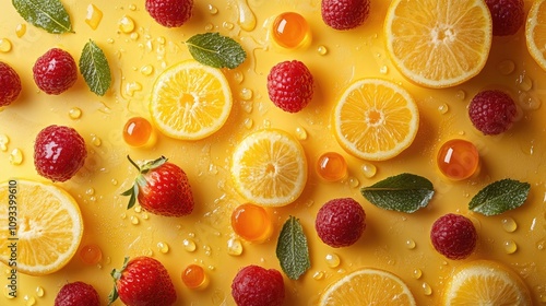 Vibrant yellow background with sliced oranges, strawberries, raspberries, and gelatin candies artfully arranged with fresh mint leaves and dew droplets.