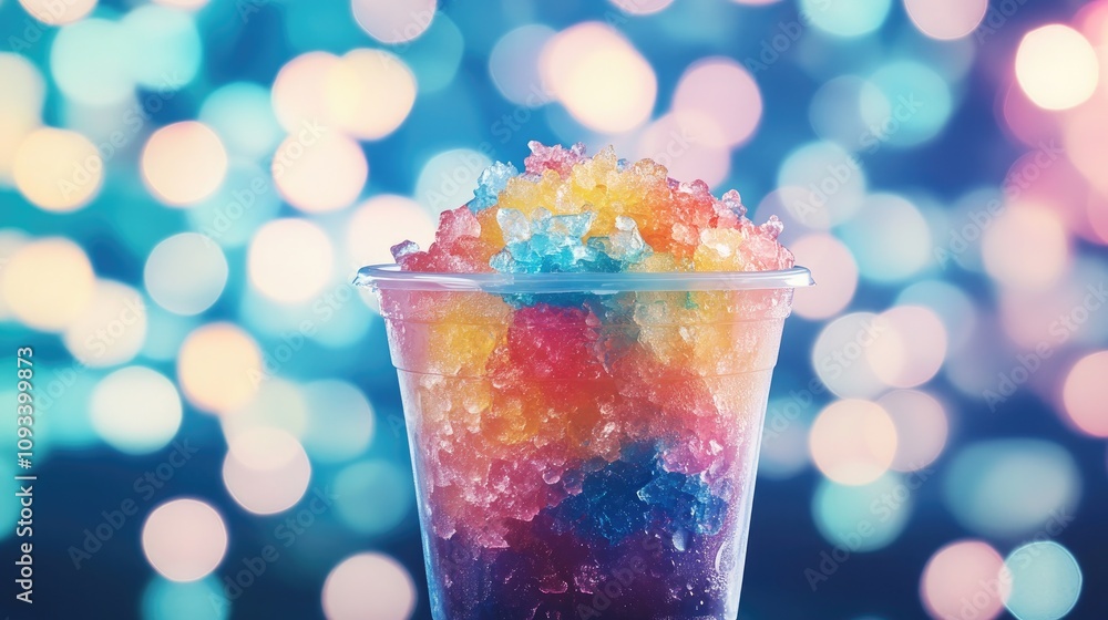 Vibrant shaved ice in a clear cup, showcasing layers of colorful flavors, set against a dreamy blurred bokeh backdrop with shimmering lights. Vibrant shaved ice in a clear cup, showcasing layers of colorful flavors, set against a dreamy blurred bokeh backdrop with shimmering lights.