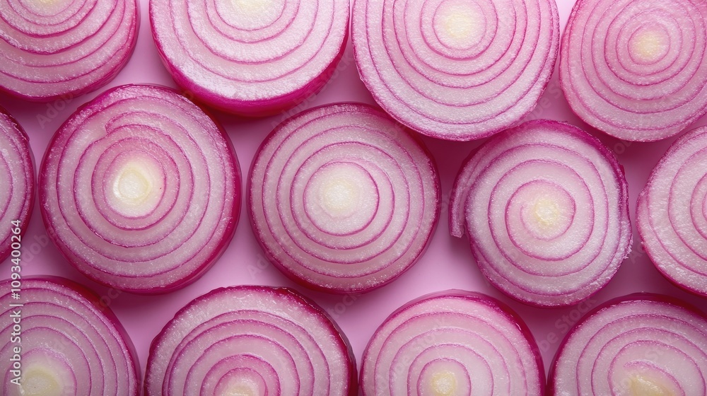 Sliced red onions displaying vibrant pinkish-purple rings arranged neatly on a flat surface in a visually appealing pattern. Sliced red onions displaying vibrant pinkish-purple rings arranged neatly on a flat surface in a visually appealing pattern.