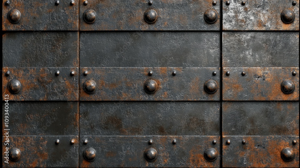 Weathered dark metal surface with an intricate grunge texture, showcasing rusted details and riveted panels for an antique industrial look Weathered dark metal surface with an intricate grunge texture, showcasing rusted details and riveted panels for an antique industrial look