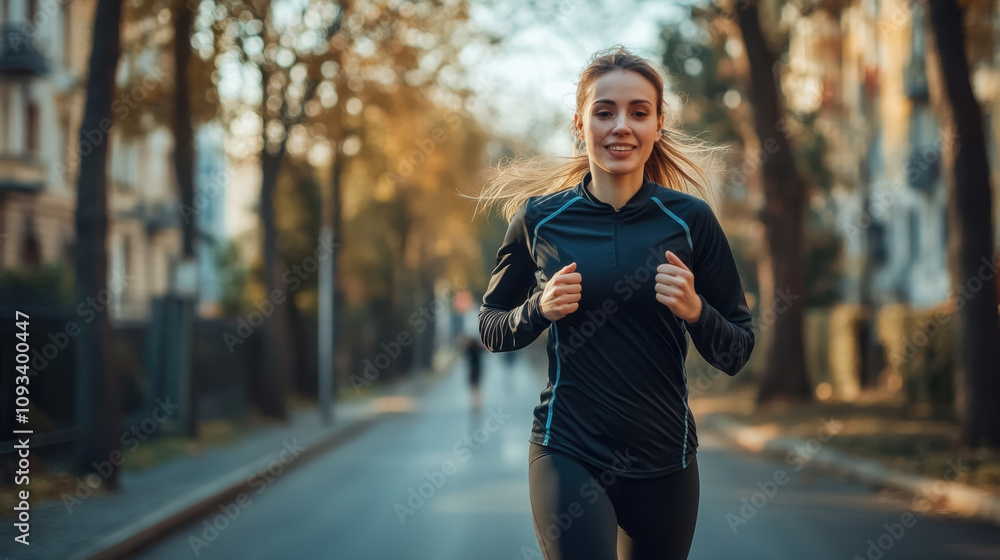Morning jogger races down a quiet city street as the dawn light filters through trees Morning jogger races down a quiet city street as the dawn light filters through trees