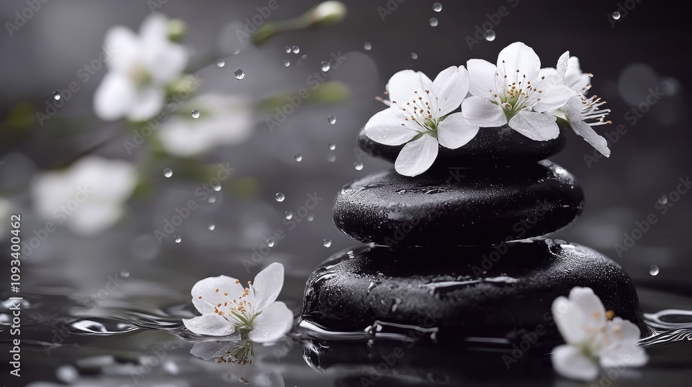 Stack of smooth black zen stones adorned with delicate white flowers, gently resting on a tranquil water surface with droplets glistening around them. Stack of smooth black zen stones adorned with delicate white flowers, gently resting on a tranquil water surface with droplets glistening around them.