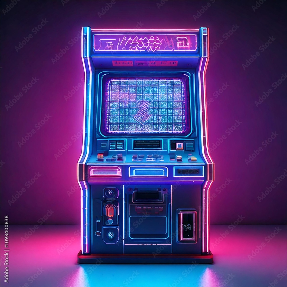 3D retro arcade cabinet with neon purple and blue lights, glowing in a dark, futuristic setting 3D retro arcade cabinet with neon purple and blue lights, glowing in a dark, futuristic setting