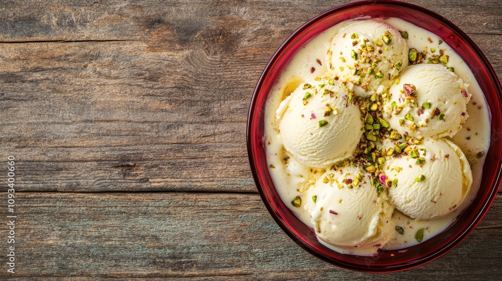 Pistachio ice cream scoops adorned with grated pistachios in a red bowl resting on a rustic wooden table, ideal for summer indulgence with ample copy space.