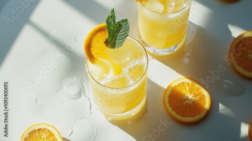 Refreshing citrus drinks with ice, garnished with mint leaves and orange slices, arranged beautifully on a bright surface.