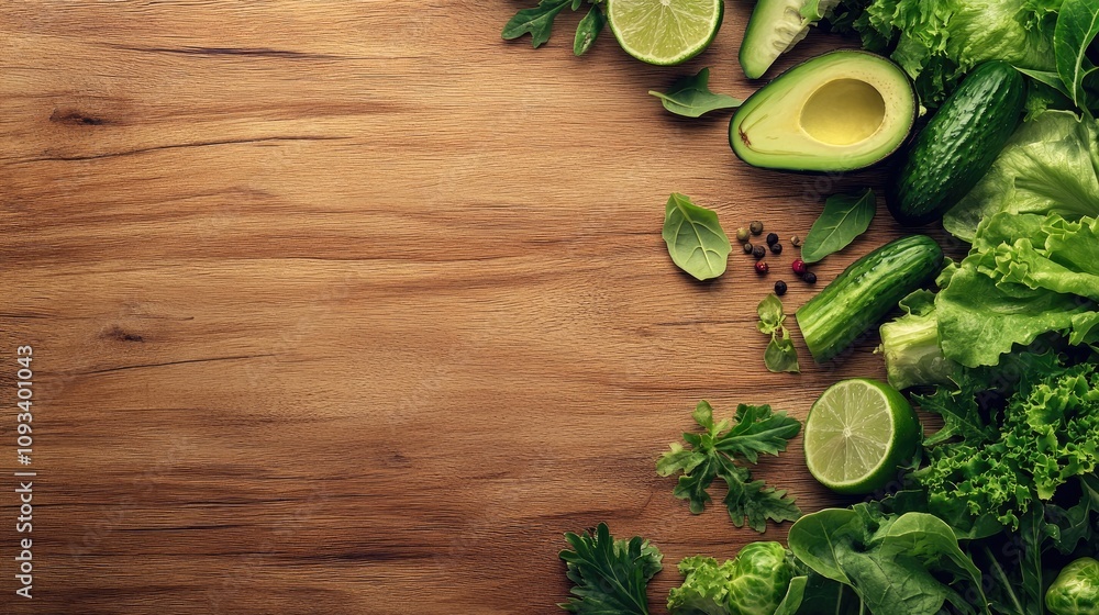 Assorted green vegetables including avocado, cucumber, Brussels sprouts, and lime beautifully arranged on a wooden surface, promoting healthy eating. Assorted green vegetables including avocado, cucumber, Brussels sprouts, and lime beautifully arranged on a wooden surface, promoting healthy eating.