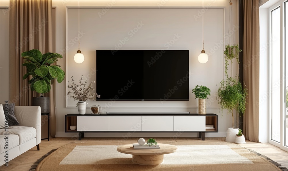 Smart TV on the cream color wall in living room,minimal design, Generative AI Smart TV on the cream color wall in living room,minimal design, Generative AI