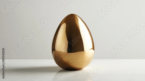 Elegant golden egg with a smooth metallic finish, displayed on a minimalist white background, exuding a sense of luxury and refinement. photo