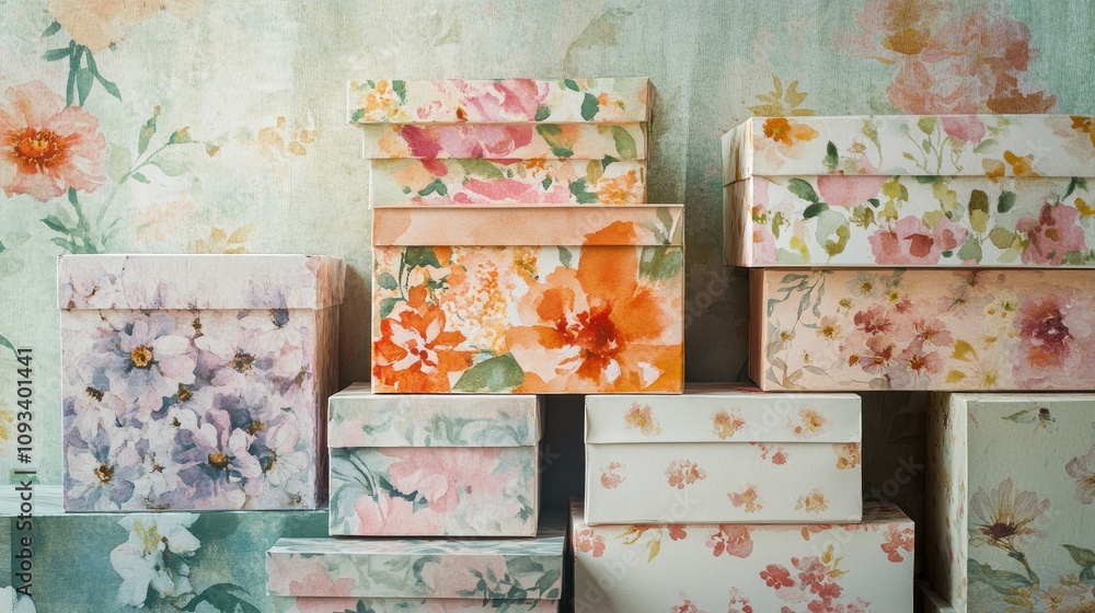 Decorative cardboard boxes adorned with vibrant floral patterns arranged in a softly colored, airy room, evoking a whimsical and dreamy atmosphere through watercolor art. Decorative cardboard boxes adorned with vibrant floral patterns arranged in a softly colored, airy room, evoking a whimsical and dreamy atmosphere through watercolor art.