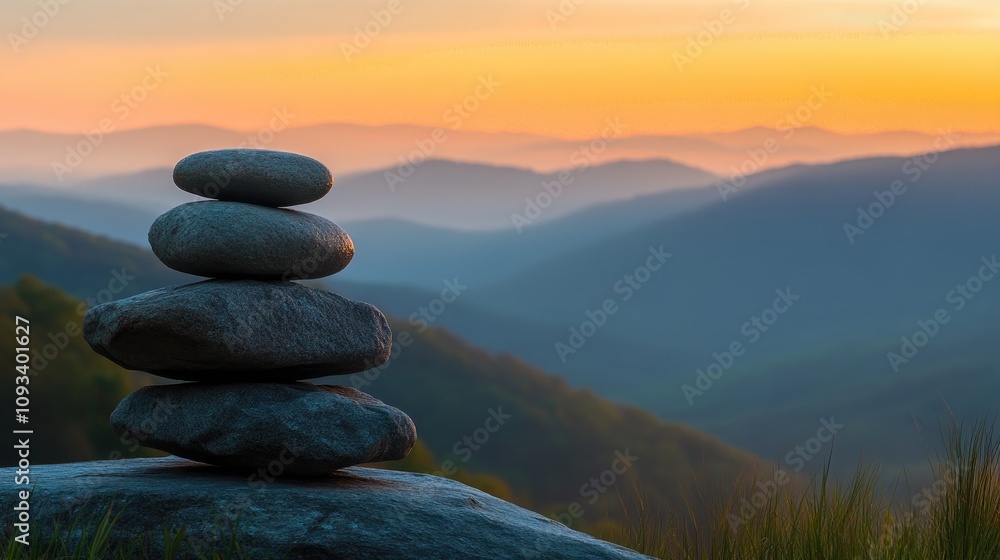 Stacked smooth stones balanced atop each other against a softly blurred mountain landscape, evoking serenity at dawn with warm hues and misty layers. Stacked smooth stones balanced atop each other against a softly blurred mountain landscape, evoking serenity at dawn with warm hues and misty layers.