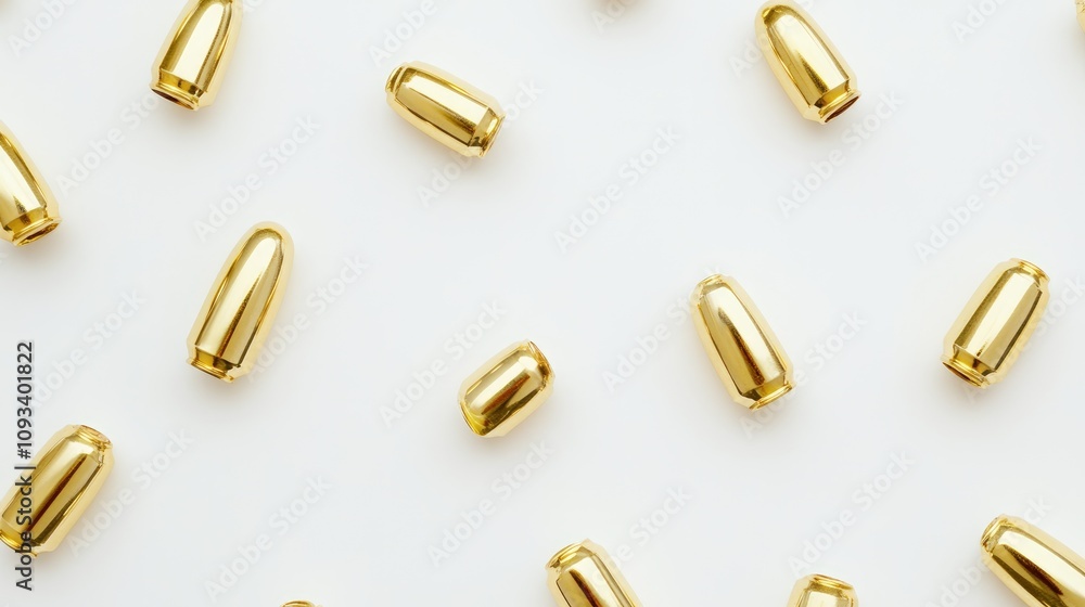 Scattered yellow brass ammunition bullets on a white surface, viewed from above, showcasing their shiny metallic finish and varied shapes. Scattered yellow brass ammunition bullets on a white surface, viewed from above, showcasing their shiny metallic finish and varied shapes.