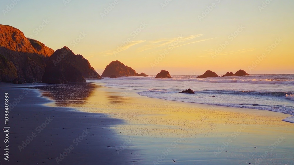 Obraz premium Serene beach at sunset with golden waves reflecting a peaceful sky, creating a tranquil atmosphere suitable for text overlay.