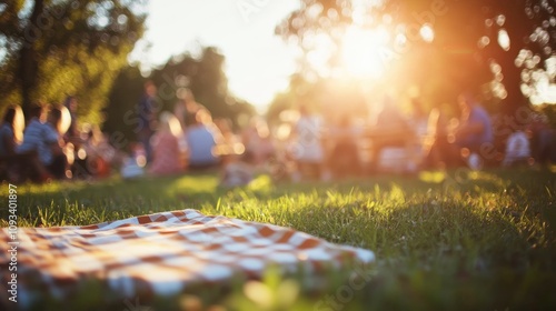 Families gathered for a picnic in a sunlit park, enjoying fellowship and a church conference vibe with a soft-focused background and ample copy space.