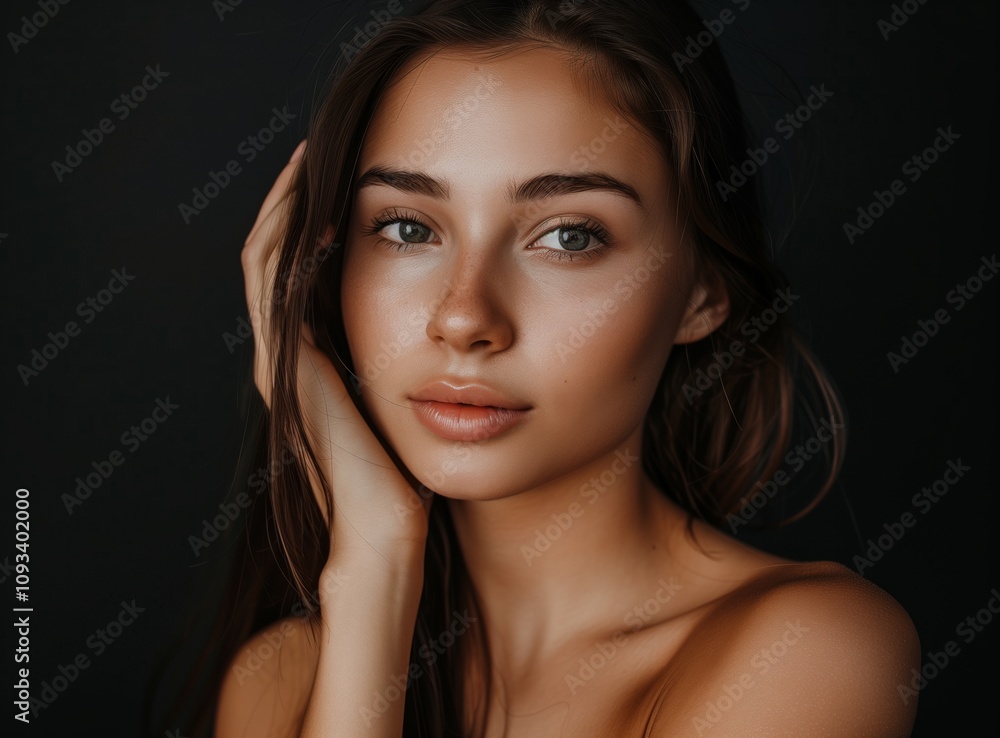 A portrait of a young woman shows her beauty and gentle expression against a dark background, radiating authenticity and elegance, conveying a sense of timeless charm and serenity A portrait of a young woman shows her beauty and gentle expression against a dark background, radiating authenticity and elegance, conveying a sense of timeless charm and serenity