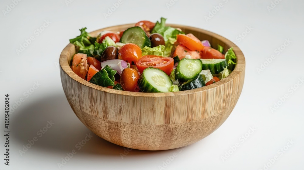 Wooden bowl brimming with a fresh vegetable salad showcasing colorful tomatoes, cucumbers, lettuce, onions, olives, and bell peppers on a minimalist white backdrop. Wooden bowl brimming with a fresh vegetable salad showcasing colorful tomatoes, cucumbers, lettuce, onions, olives, and bell peppers on a minimalist white backdrop.