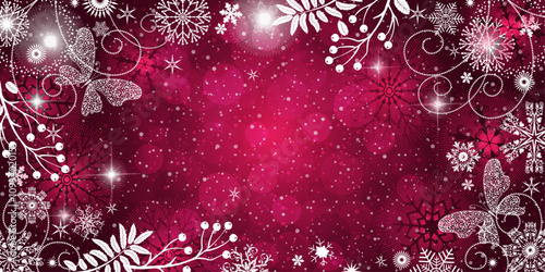 Vector Christmas purple  gradient frame with snowflakes, butterflies and berries