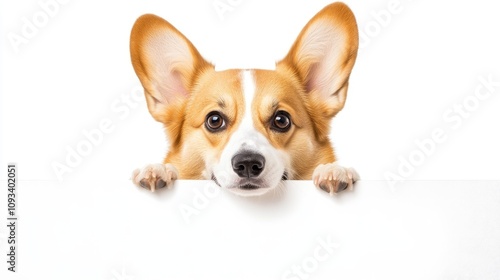 Charming Pembroke Welsh Corgi Dog Curiously Peeking Over a Blank White Banner with Big Ears and Expressive Eyes ready for Personalization