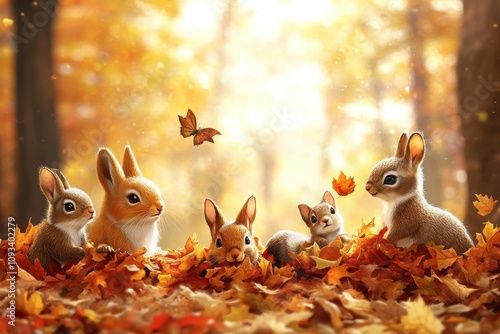 A group of cute rabbits among colorful autumn leaves.