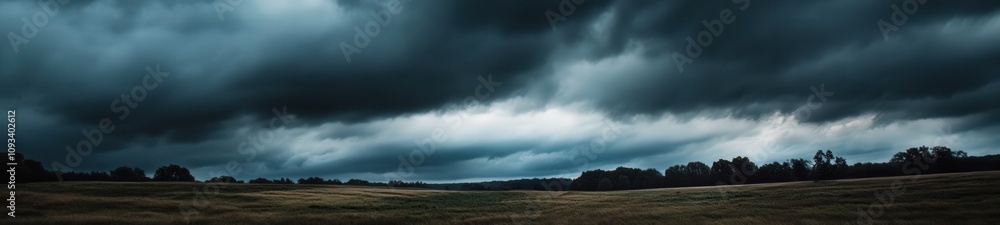 Very Dark Clouds Covering the Sky over a Meadow with a Tree Line in the Distance Very Dark Clouds Covering the Sky over a Meadow with a Tree Line in the Distance