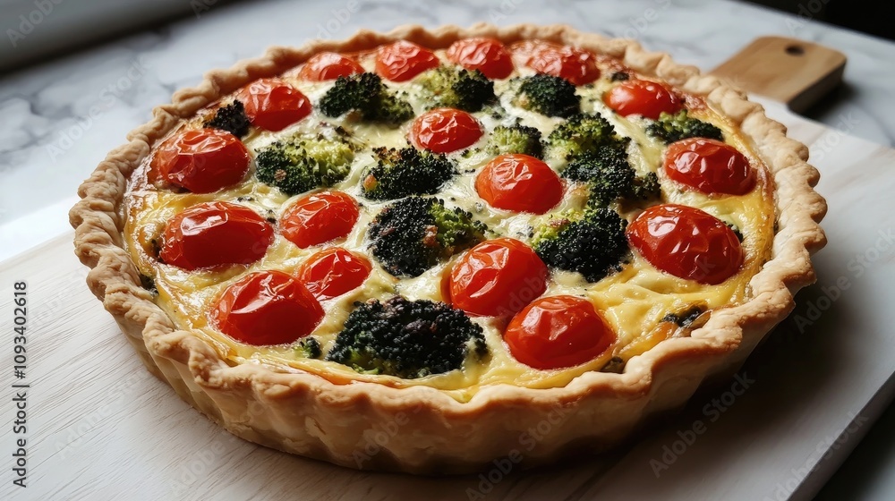Homemade vegetarian quiche with cherry tomatoes and broccoli on a rustic cutting board, highlighting a healthy and delicious meal option. Homemade vegetarian quiche with cherry tomatoes and broccoli on a rustic cutting board, highlighting a healthy and delicious meal option.