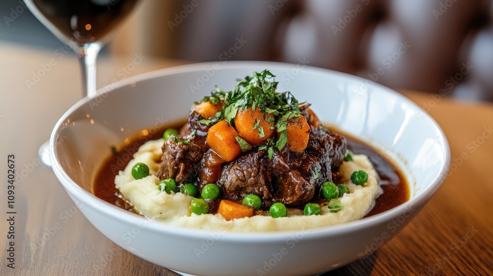 A hearty bowl of beef stew with carrots and peas atop creamy mashed potatoes, garnished with fresh herbs, complemented by a wine glass. A hearty bowl of beef stew with carrots and peas atop creamy mashed potatoes, garnished with fresh herbs, complemented by a wine glass.