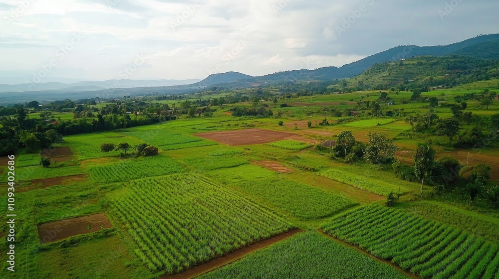 Fototapeta premium Aerial view of vibrant green agricultural fields illustrating effective farming techniques amidst rolling hills and a clear sky.