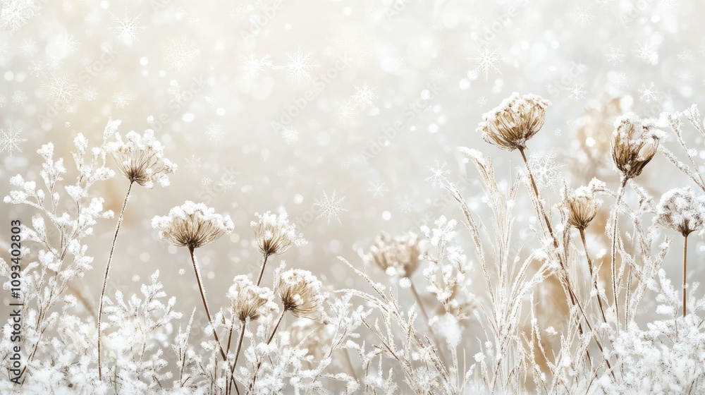 Naklejka premium Serene winter landscape with dried flowers, delicate snowflakes, and frosted grass, highlighting the tranquil beauty of the holiday season.