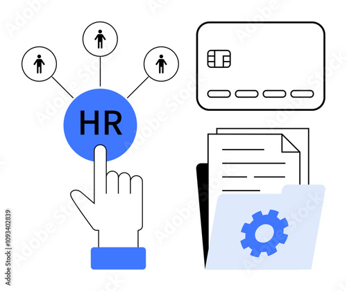 HR icon connected to three people icons, hand pointing at HR, document folder with gear symbol, and payroll card. Ideal for HR, payroll, management, business, digital systems team coordination file