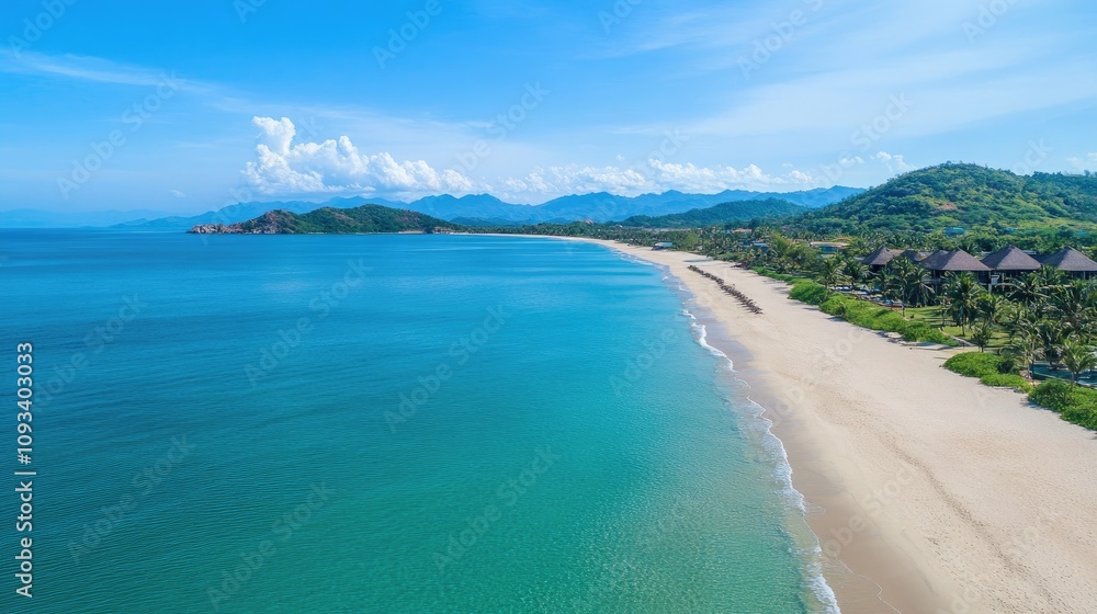 Aerial view of a picturesque tropical landscape showcasing a serene sandy beach bordering tranquil blue ocean waters under a clear blue sky. Aerial view of a picturesque tropical landscape showcasing a serene sandy beach bordering tranquil blue ocean waters under a clear blue sky.