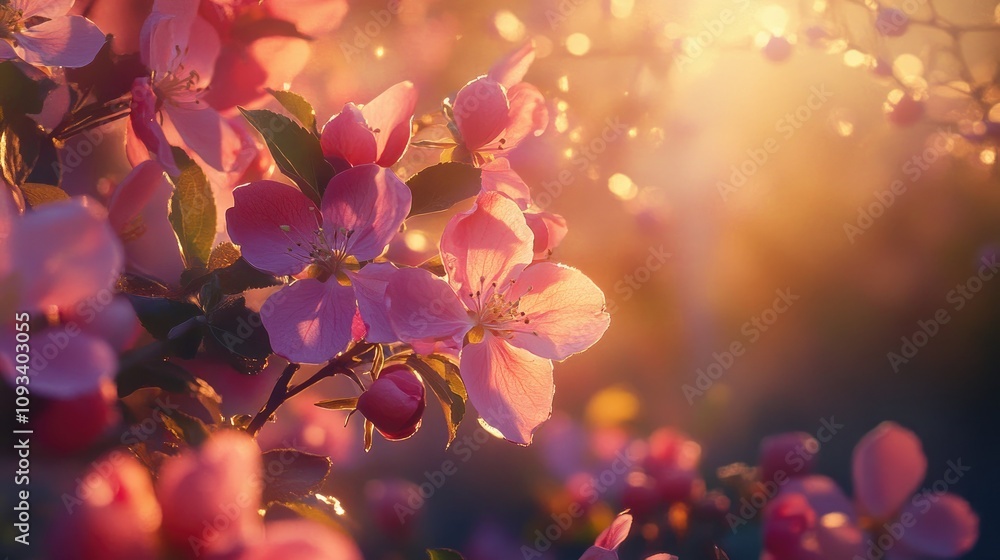 Pink apple blossoms in bloom during spring, glowing in the warm evening sunlight, create a breathtaking floral display reminiscent of cherry blossoms. Pink apple blossoms in bloom during spring, glowing in the warm evening sunlight, create a breathtaking floral display reminiscent of cherry blossoms.