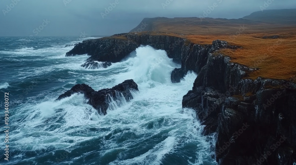 Aerial perspective of choppy ocean waves crashing into rugged coastline with grassy hills under a moody autumn sky Aerial perspective of choppy ocean waves crashing into rugged coastline with grassy hills under a moody autumn sky