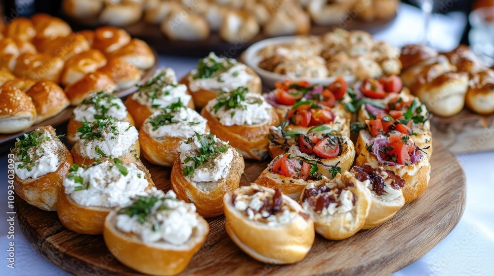 Assorted Fresh Bagels and Pastries Topped with Cream Cheese Spreads, Herbs, and Fresh Vegetables on a Wooden Platter Assorted Fresh Bagels and Pastries Topped with Cream Cheese Spreads, Herbs, and Fresh Vegetables on a Wooden Platter