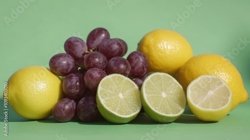 Assorted fresh fruits featuring clusters of purple grapes, yellow lemons, and halved limes artfully displayed on a vibrant green backdrop. photo