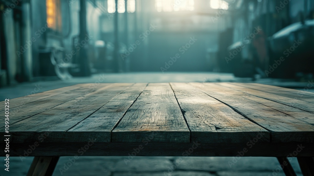 Industrial setting featuring an empty wooden table with a textured surface, softly blurred background, ideal for displaying promotional content. Industrial setting featuring an empty wooden table with a textured surface, softly blurred background, ideal for displaying promotional content.
