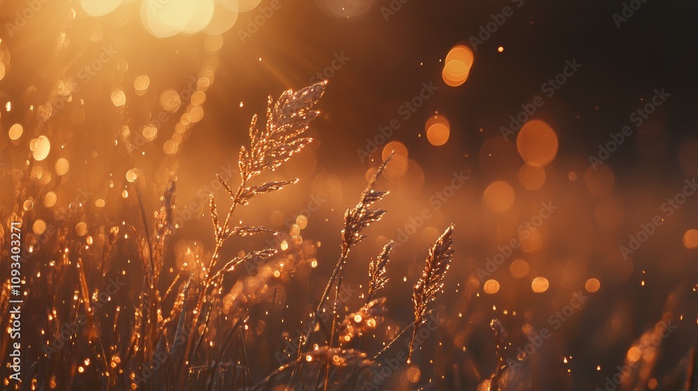 Fototapeta premium Refreshing dew drops glistening on spring grass under warm sunlight, enhanced by a soft-focused bokeh background creating a tranquil atmosphere.