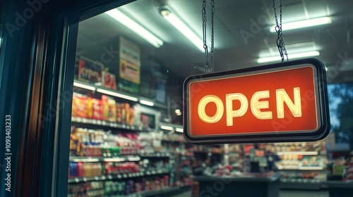 Illuminated 'OPEN' sign glows invitingly in the window of a convenience store at night, shelves stocked with colorful products visible inside.