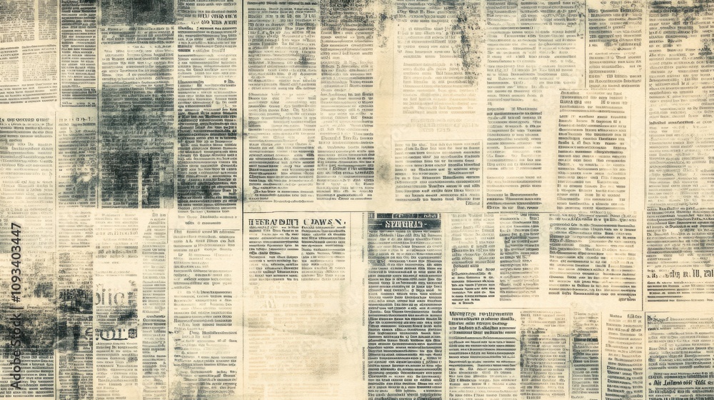 Obraz premium A vintage newspaper collage featuring various articles, showcasing faded text and a historical aesthetic.