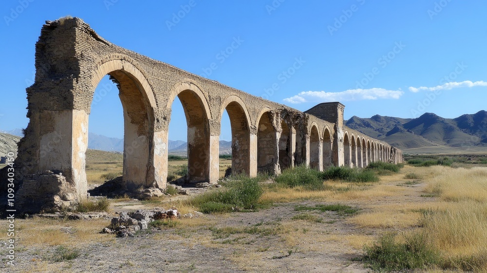 Ruins of arches and columns from a historical caravansary along the Silk Road set against a blue sky and distant mountains. Lush vegetation surrounds the structure.