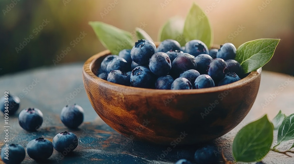 Freshly harvested blueberries in a wooden bowl surrounded by green leaves on a rustic surface, highlighting their vibrant color and nutritious benefits. Freshly harvested blueberries in a wooden bowl surrounded by green leaves on a rustic surface, highlighting their vibrant color and nutritious benefits.