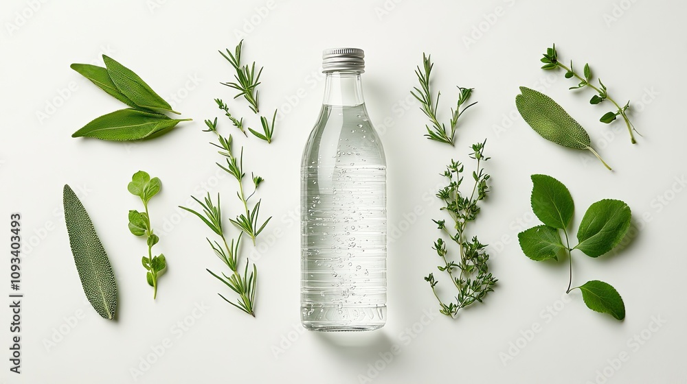 A bottle of mineral water, surrounded by green herbs, set against a pristine white backdrop. A bottle of mineral water, surrounded by green herbs, set against a pristine white backdrop.
