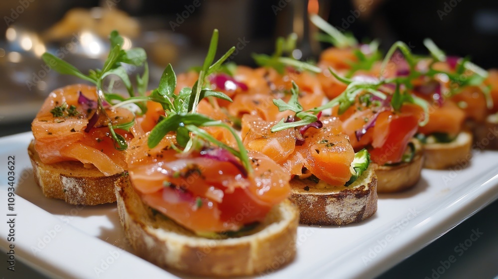 Artfully arranged open-faced sandwiches topped with gourmet smoked salmon, vibrant herbs, and delicate garnishes on a white platter. Artfully arranged open-faced sandwiches topped with gourmet smoked salmon, vibrant herbs, and delicate garnishes on a white platter.