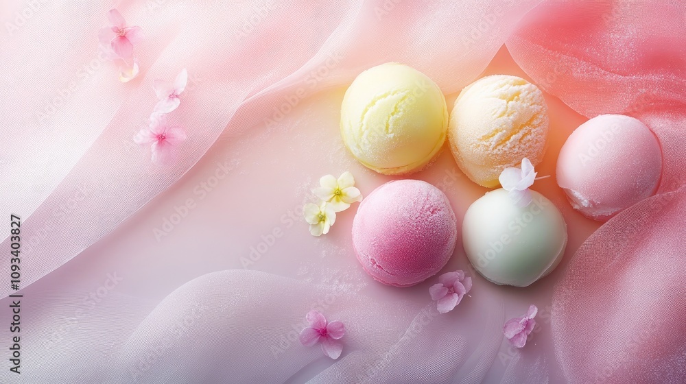Delicate arrangement of pastel mochi ice cream scoops in soft colors on a pink-hued silk background adorned with flower petals. Delicate arrangement of pastel mochi ice cream scoops in soft colors on a pink-hued silk background adorned with flower petals.