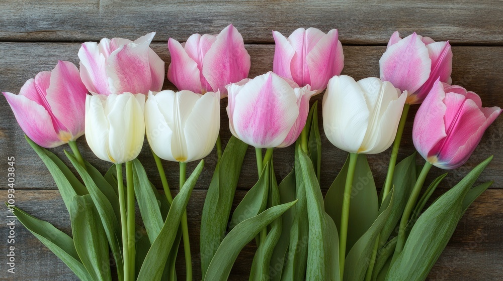 Banner showcasing a flat lay of pink and white tulips arranged elegantly on a rustic wooden surface, ideal for romantic celebrations and special occasions. Banner showcasing a flat lay of pink and white tulips arranged elegantly on a rustic wooden surface, ideal for romantic celebrations and special occasions.
