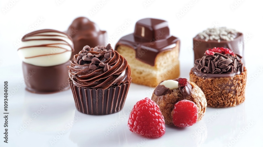 Variety of exquisite chocolate confections including cupcakes, pralines, and berry-topped treats arranged artistically on a white background. Variety of exquisite chocolate confections including cupcakes, pralines, and berry-topped treats arranged artistically on a white background.