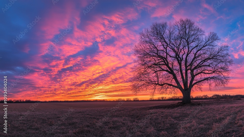 Vibrant sunset scene with a lone barren tree silhouetted against a dramatic sky filled with pink, orange, and purple hues over a tranquil landscape. Vibrant sunset scene with a lone barren tree silhouetted against a dramatic sky filled with pink, orange, and purple hues over a tranquil landscape.