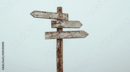 Rustic wooden directional signpost with three arrows on a faded backdrop, showcasing weathered details and a vintage charm. photo